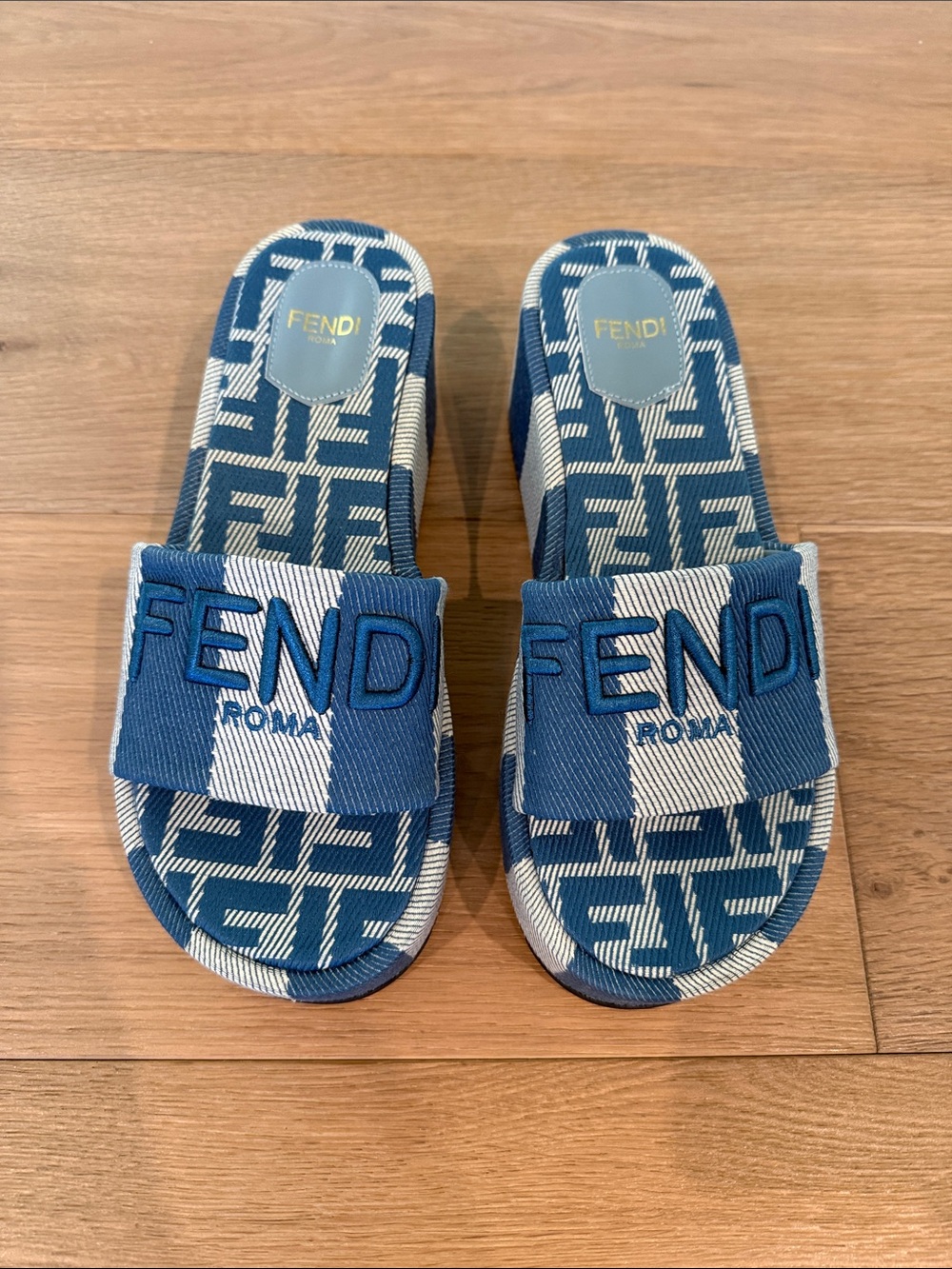 “Fendi” Blue Logo Slide Sandals with FF Pattern Size 37